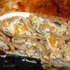 Курица фаршированная печеночными блинами с рисом и грибами
