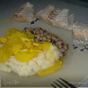 Отварная белая рыба + пюре из цветной капусты,тушеный перец и фасоль