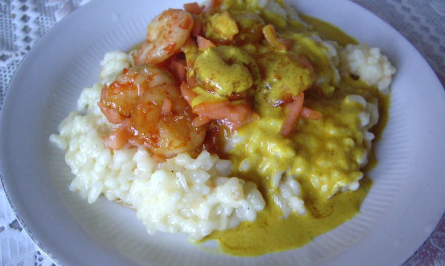 Ризотто с креветками, обжаренными в меду