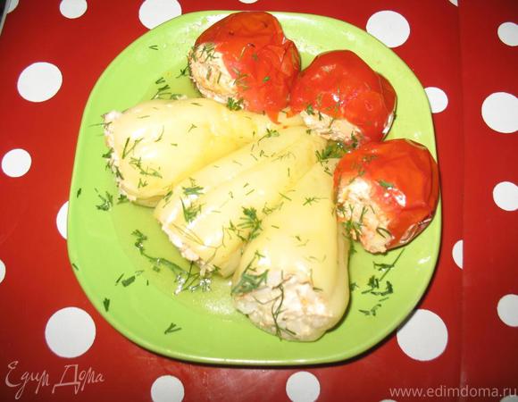 Перец и помидоры, фаршированные курицей с овощами