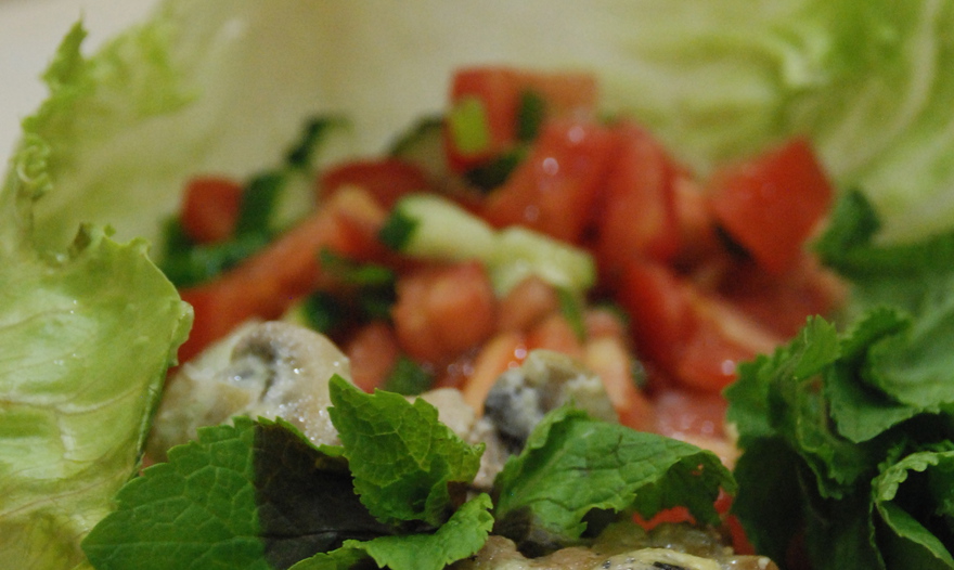 Свиные рулетики с моцареллой и базиликом в грибном соусе с томатной сальсой