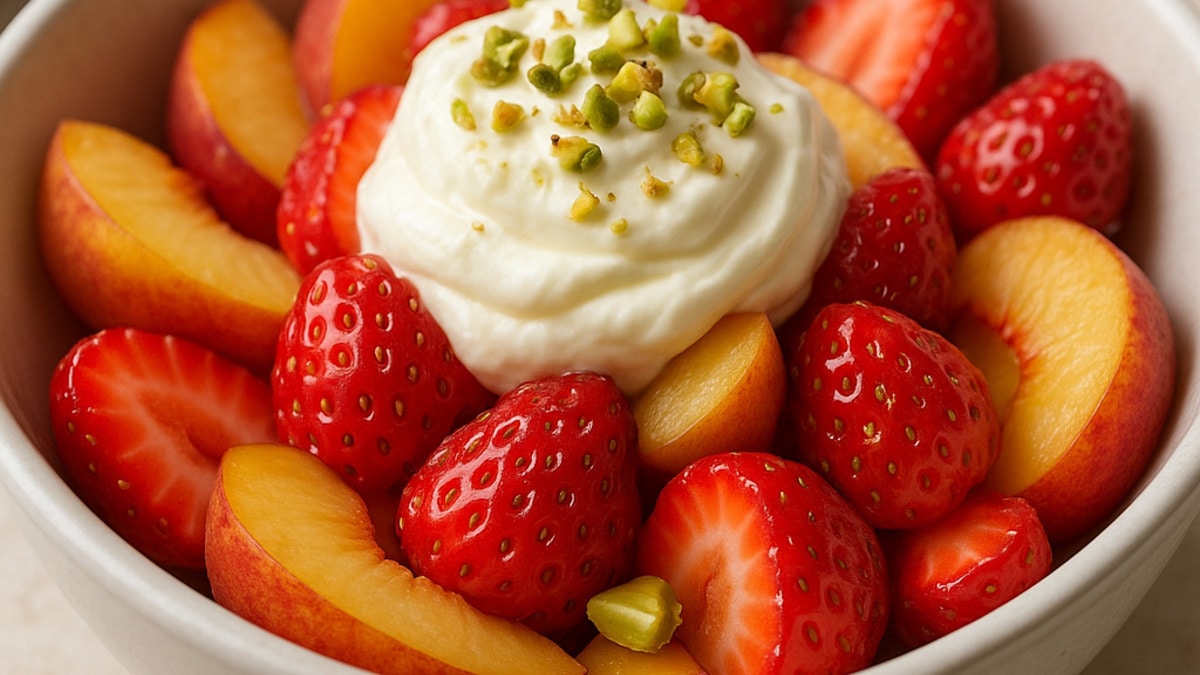 Клубнично-персиковый салат с маскарпоне — идеален для лета