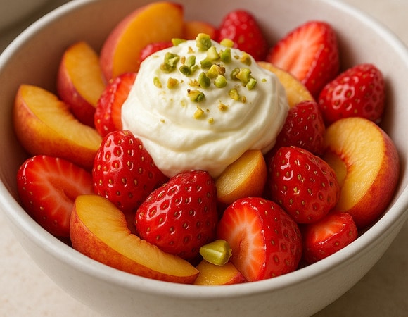 Клубнично-персиковый салат с маскарпоне — идеален для лета