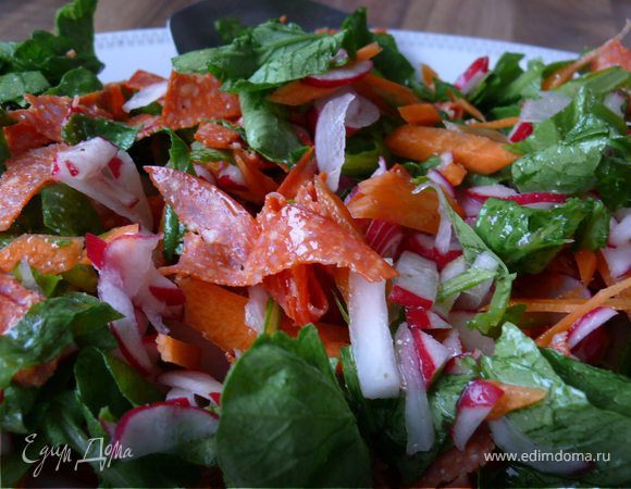 Все пересыпать в салатник, сверху порвать руками( или,при невозможности, порезать тооооненькими ломтиками чоризо,заправить уксусом, оливковым маслом, присолить.Аккуратно перемешать.Хорошо бы перед подачей остудить в холодильнике 10-15 минут.