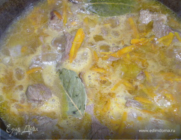 Посолить, добавить немного воды, лавровый лист,перец. Тушить под крышкой до готовности мяса.