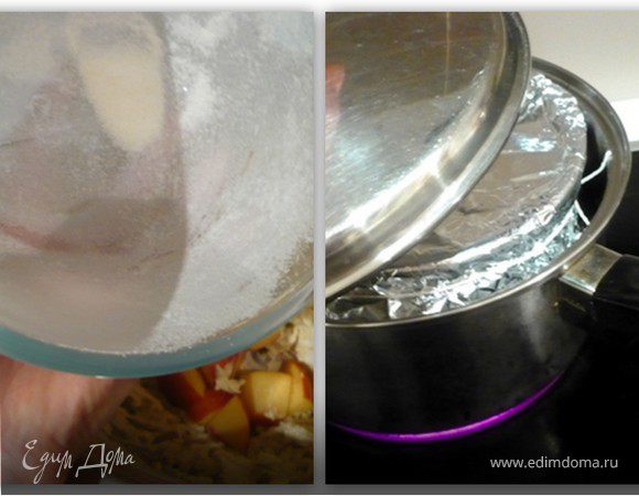 Форму объемом 1 литр смазать маслом и обсыпать мукой. Залить в форму тесто. Накрыть промаслянной фольгой. Перевязать. Готовить в пароварке или на водянной бане, на маленьком огне (электрическая плита - 4), 2ч.15 минут. Если готовите на водянной бане, то залейте в кастрюлю горячую воду, чтобы доходила до середины формы. Опустите в не нашу форму. Накройте кастрюлю крышкой. Готовый пудинг достать из пароварки/водянной бани и подержать под фольгой еще 10 минут. Затем перевернуть на  тарелку, полить шоколодным соусом и украсить грушами.
