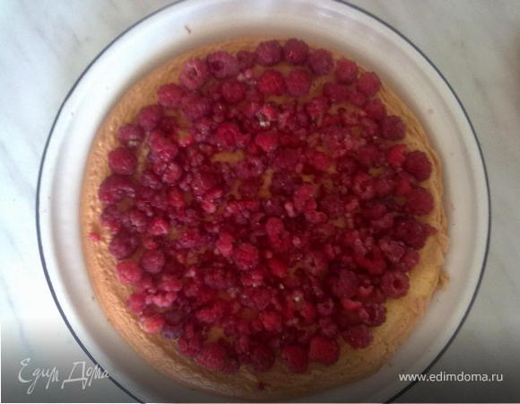 3. Испечь бисквитный корж, бОльший по диаметру в духовке(6 яиц, 200 г сахара, 200 г муки, ванилин, по щепотке соли и лимонной кислоты)., дать остыть, достать, выложить на него бОльшую часть малины.