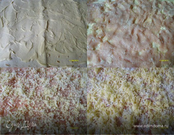 Лаваш смазать майонезом,сверху положить куриный фарш,затем  посыпать тёртым  яйцом и сыром.