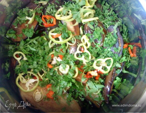 Сладкий и горький перец нарезать тонкими колечками.
В кастрюлю выложить слой обжаренных баклажанов, посыпать нарезанным перцем, выдавить 1-2 зубка чесночка.Повторить слои в зависимости от количества баклажан.Залить рассолом   
 