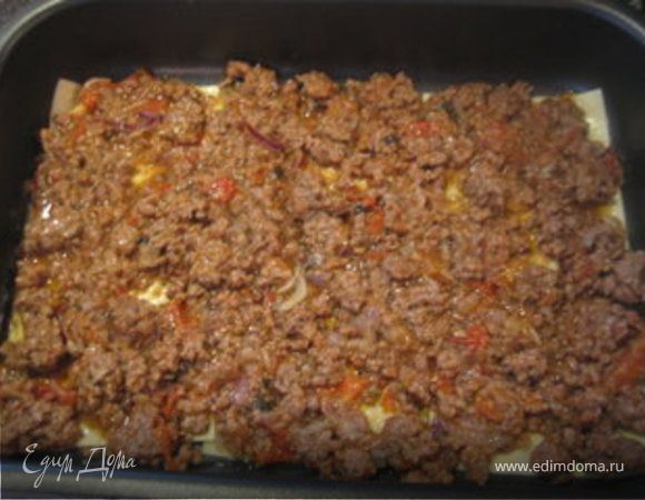 На дно формы для запекания выложить  листы лазаньи, затем выложить соус "Болоньезе", полить соусом "Бешамель" и посыпать тертым сыром. 