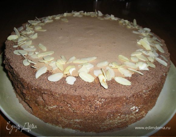   Взбить 200 мл  сливок  с  25 г  сахара, ванильным  сахаром. Покрыть  бока  торта, посыпать шоколадной  стружкой. Ну  и  т.д.  на  Ваше  усмотрение.