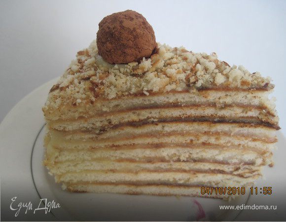 Теплым кремом перемазать коржи. Обрезки от коржей или один из коржей измельчить, и посыпать торт крошкой. Дать торту пропитаться.
Приятного аппетита!