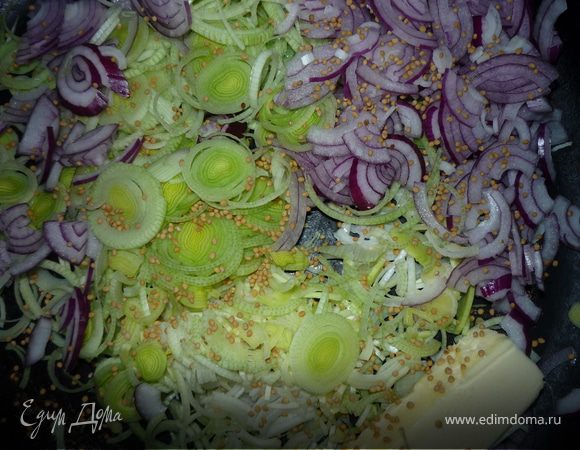 Отварить половину курицы, отделить от костей. Мелко порезать. Лук порезать тонкими полуколукольцами. На сковороде разогреть сливочное масло, слегка обжарить курицу с луком, отлично дополнят вкус зернышки горчицы. Добавить толченый имбирь, соль, черный молотый перец, чайную ложку горчицы, и столовую ложку сметаны, довести до кипения и снять с огня. Остудить до 35-40*С.