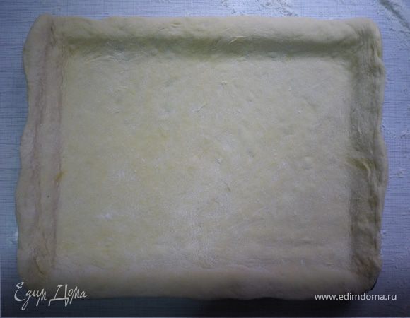 После того, как тесто подойдет второй раз, выложить его на посыпанную мукой поверхность, разделить на 2 части. Лист смазать растительным маслом и присыпать мукой. Рассчитано на лист 35*25 см или 1/2 большого листа, или на круглую большую круглую  форму 28 см. Раскатать половину теста так, чтобы пласт был на 2 см больше формы и выложить на лист. Края смазать желтком со сметаной.