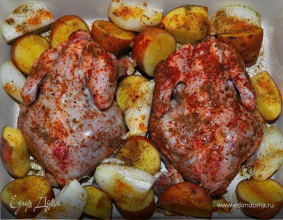 В разогретую до 250 гр. духовку поставить жаркое и запечь при температуре 180гр. 1 ½ часа. Готовых цыплят посыпать свежей зеленью и подать к столу.