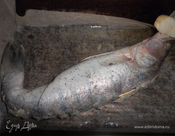 нафаршируйте полученной массой рыбу. зашейте разрез прочной нитью. смажьте растительным маслом поверхность рыбы. выложите на смазанный маслом протвень. накройте фольгой. сделайте в фольге несколько дырочек для выхода пара и запекайте в духовке при температуре 180 градусов 30-35 минут. 