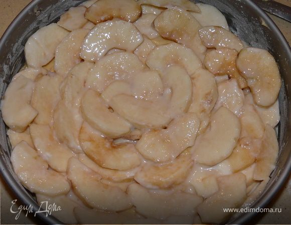 Духовка 160 С. Разьемную форму (24) смазать маслом, присыпать мукой. тесто визуально разделить на 3 части. Первую часть постараться равномерно намазать, сверху разложить яблоки, можно присыпать корицей. Затем второй слой теста и опять яблоки. Сверху последная часть теста.