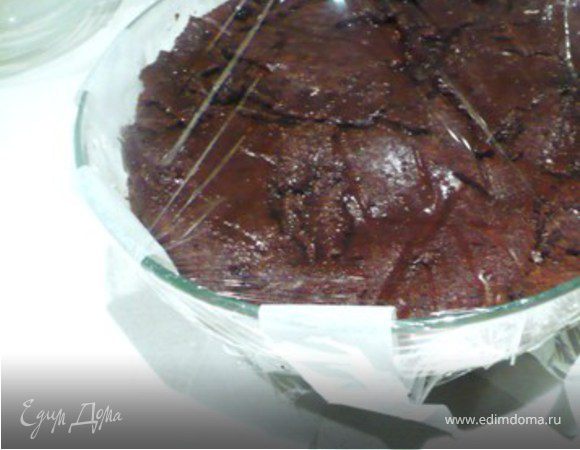 Накрыть кругом из теста. Смазать Cointreau. Накрыть пленкой и отправить на ночь в холодильник. На следующий день перевернуть Zuccotto на тарелку, помогая полосками из кальки. Перед подачей обсыпать  сахарной пудрой и какао.
