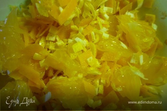 Снимаем цедру с лимона и апельсина, мелко режем или трем. Половину апельсина разбираем на дольки, освобождаем от пленок, рвем на мелкие кусочки.