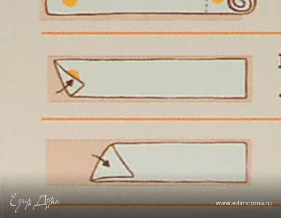 Выкладывать небольшое количество начинки на полоску теста,смазывать небольшим количеством масла и заворачивать по диагонали