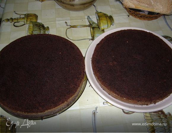 Разрезать корж на две половинки. Нижний корж полить пропиткой, выложить крем с черносливом. Вторую половину пропитать и выложить на нижний корж. Покрыть половиной белого крема. Сверху выложить корж-безе. Обмазать бока второй половиной белого крема. 