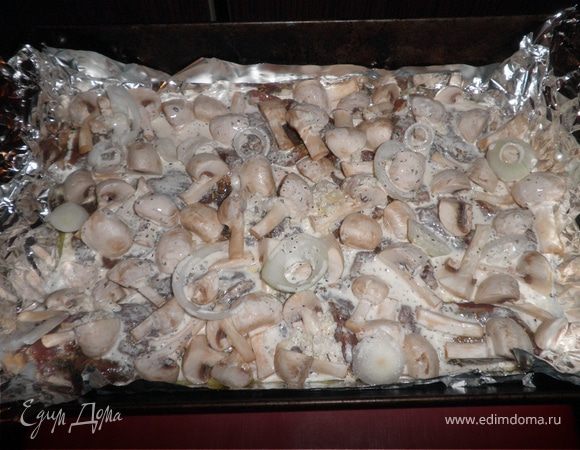 Протвень смазать маслом. Выложить кружочки лука. Сверху выложить кусочки мяса также посолить, потом грибы, еще посолить. Полить все сливочным соусом. Поставить в предварительно разогретую духовку на 25 мин. накрыв фольгой. Потом посыпать тертым сыром и постовить еще на 10 мин в духовку.