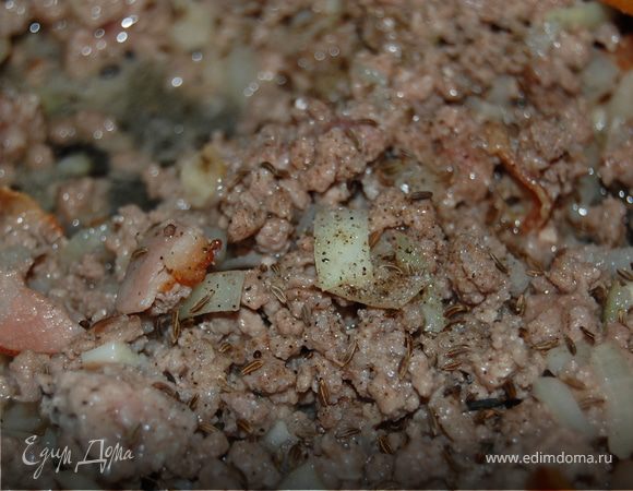 Режем бекон на небольшие кусочки и отправляем на сковородку, через пару мину туда же отправляем мелко нарезанные репчатый лук и чеснок, фарш, обжариваем все минут 10, солим, перчим, добавляем тмин.