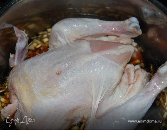 Положила цыпленка в кастрюлю, закрыла крышкой и оставила на маленьком огне тушиться на 1 час, переворачивая его время от времени. Когда цыпленок был готов, оставила его остывать в соусе.