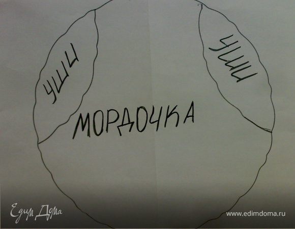 Берем 1 корж,вырезаем из него уши и мордочку.