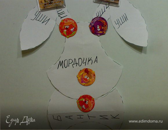 Собираем нашего кролика.
Выкладываем на блюдо:
1.мордочку,уши и бантик.
2.смазываем кремом.
3.ананасы кусочками.
4.смазываем кремом.
5.мордочка,уши,бантик.
6.смазываем кремом.
7.уши и мордочку посыпаем какосовой стружкой белого цвета,а бант  посыпаем какосовой стружкой оранжевого цвета.
8.растопленный шоколад помещаем в шприц для торта и рисуем носик,усики,ротик,глаза,ресницы.
9.из белого зефира вырезаем зубы,а из розового носик,ротик и украсим ушки.