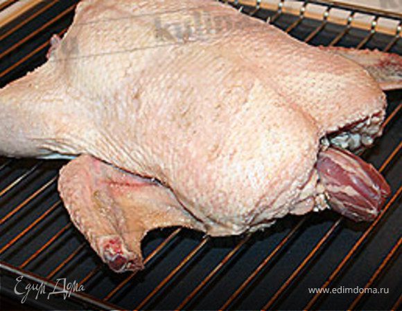 Нагрейте духовку до 190 градусов. Выложите утку на решетку грудкой вверх.