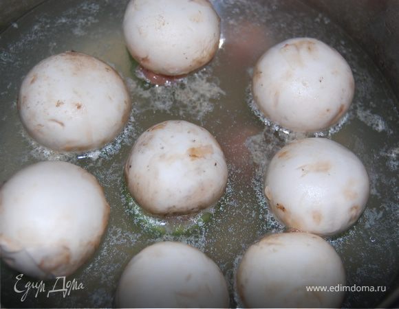 В куриный бульон ставим наши чудо-огурцы.Бульона должно быть "по пояс". Я сделала еще несколько маленьких тефтелек из остатков фарша и опустила их в бульон, когда тот уже закипел.В процессе варки огурцы попадают на бок - это не страшно, ведь вы плотно закупорили фарш грибами. Когда бульон закипел, варим не более 15-20 минут,снимая пену,  украшаем перышками зеленого лука и подаем! Не забудьте подать гостям китайские палочки или нож и вилку для удобства поедания огурцов! Приятного аппетита!