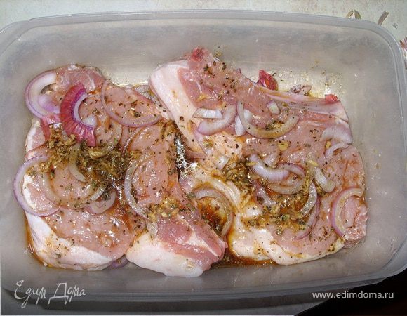 выложить на дно посуды половину нарезаного лука, сверху выложить мясо, чтобы лежало в один слой, сверху посыпать оставшимся луком, и залить заправкой.
дать постоять около получаса периодически, переворачивая, и распределяя соус равномерно.