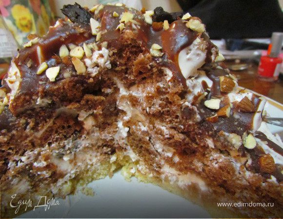 Замочите чернослив, добавив 2-3 ст.л. коньяка и горячую воду (можно заваренный кофе).
Добавьте к сгущенному молоку сметану, яйца, сахар и все перемешайте.
Смешайте соду с мукой и вмешайте в сметанную основу теста (получиться негустое льющееся тесто).
Форму, в которой вы будете выпекать нижний корж для торта, смажьте маслом и выложите часть приготовленного теста (примерно 4 ст.л. теста надо разровнять по форме и сверху накрыть бумагой для выпечки, вырезав ее по диаметру формы. Это делается для того, чтобы корж оставался плоским после выпекания). Выпекайте корж при 190 градусах до легкого зарумянивания.
В оставшееся тесто добавьте какао, размешайте.
Выпеките из всего оставшегося теста корж толщиной около 3 см. Выпекайте при 190 С до того момента, когда деревянная палочка будет выходить из коржа сухой.
Нарежьте шоколадный корж на кубики около 3 см шириной.
Для крема взбейте сметану с сахаром и с яичным белком (тогда крем будет более воздушный). 
Нижний корж торта слегка пропитайте оставшейся после замачивания чернослива коньячной жидкостью.
Нарезанные кусочки обмакивайте в сметанный крем и выкладывайте на нижний корж горкой, периодически присыпайте кусочки измельченными орехами и нарезанным черносливом. Когда торт будет собран, дайте ему постоять в холодильнике минут 30. Сделайте глазурь: растопите шоколад, масло и сливки (молоко)  на плите. Дайте глазури остыть до комнатной температуры. Затем полейте торт шоколадом и украсьте его оставшимися орешками и черносливом. Так как коржи получаются очень воздушными, такой торт быстро пропитывается. Приятного аппетита!


