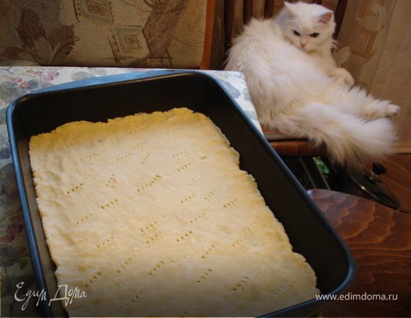 Противень смазать маслом, выложить тесто с бортиками, наколоть вилкой и запечь в духовке 13-15 минут.