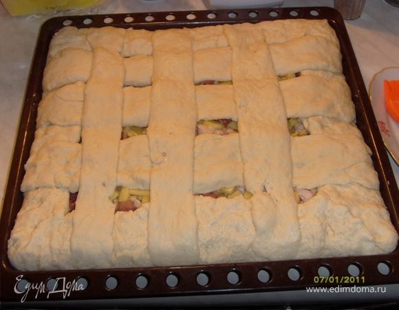 Сделать из теста полосы и сделать сверху пирога сетку. Дать пирогу расстояться минут 15, смазать желтком и выпекать до румяной корочки (~50-60мин).