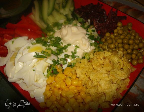 Нарезаем все ингредиенты тонкими не очень длинными полосками. Лук нарезаем мелко, чипсы крошим.Выкладываем по кругу тарелки. В серединку наливаем йогурт, или майонез. Присыпаем зеленым луком.
Подаем на стол. 