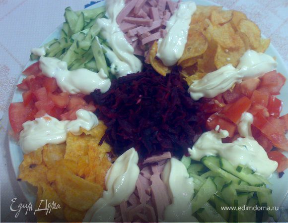 Огурец и ветчину порезать соломкой,помидор очистить от семян и порезать кубиками,свеклу очистить и натереть на средней терке.Выкладываем по кругу на плоское блюдо:половину огурцов,помидор,чипсов,ветчины.Далее в таком же порядке оставшиеся части ингридиентов.А в середину выкладываем свеклу.Украшаем майонезом.