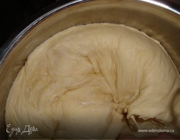 Как только объем теста увеличится в 3 - 3,5 раза, моем руки, вытираем насухо, окунаем их в муку и опускаем тесто. Накрываем и даем ему подняться еще раз.