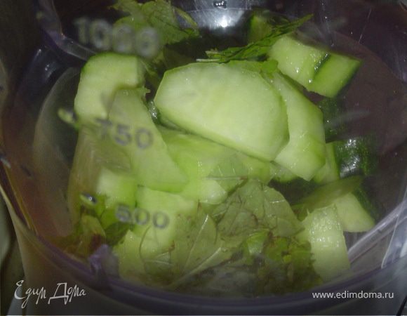 Нарезаем огурцы небольшими кусочками и измельчаем в блендере вместе с мятой.