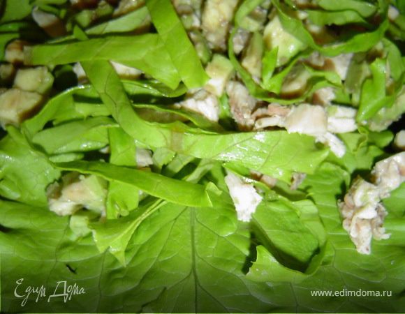 перемешиваем с кусочками курицы и авокадо, выкладываем на листья салата.