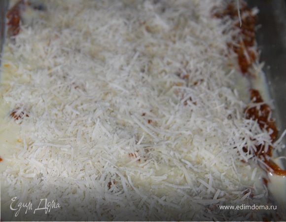 На листы лазаньи выложить мясного соуса. 
Затем полить соусом "Бешамель". 
Посыпать половиной натертого сыра. 
можно делать так до пяти слоев,ну или пока то в чем вы готовите это выдерживает))