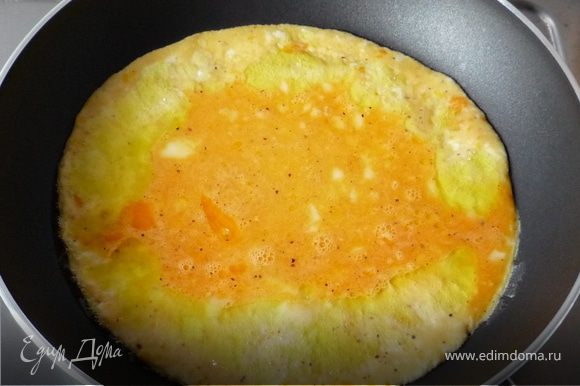 Яйца перемешать, посолить, поперчить. На сковороду с разогретым оливковым маслом выложить половину смеси, жарит 3 минуты, затем перевернуть и продолжить жарить 2 минуты. Выложить омлет на тарелку и повторить тоже самое со второй частью яйчной массы.