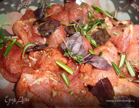 Мясо нарезать на кусочки, натереть морской солью, специями, свежими травами (базилик, розмарин, тимьян) и поставить на ночь в холодильник.