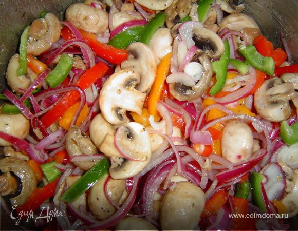 Перемешиваем все.
 А теперь самое главное - специи! Чеснок-пудра,лук-пудра,соль,паприка,красный горький перец,сухой измельченный укроп,смесь итальянских трав,орегано,и обязательно - грибной соевый соус(но можно и обычный).Специи кладем по своему вкусу,от этого будет зависеть их кол-во.