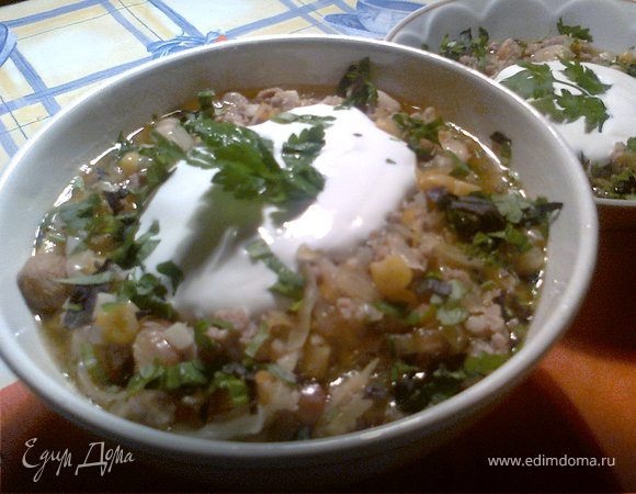 Добавить сметаны, украсить свежей зеленью (базилик и петрушка). Приятного аппетита!