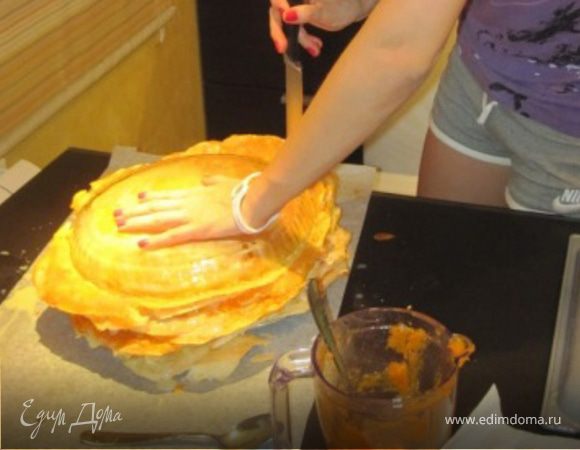 Все, собираем торт:
1 корж мажем заварным кремом, сверху другой и мажем курагой. Когда все сложила, берем плоскую тарелку, прикладываем к торту и, как по трафарету, обрезаем торт. Из обрезанных остатков делаем посыпушку на торт (просто их мелко режем и посыпаем сверху, я еще края облепила).

Долго, но очень вкусно. Есть его только через день надо — должен пропитаться;