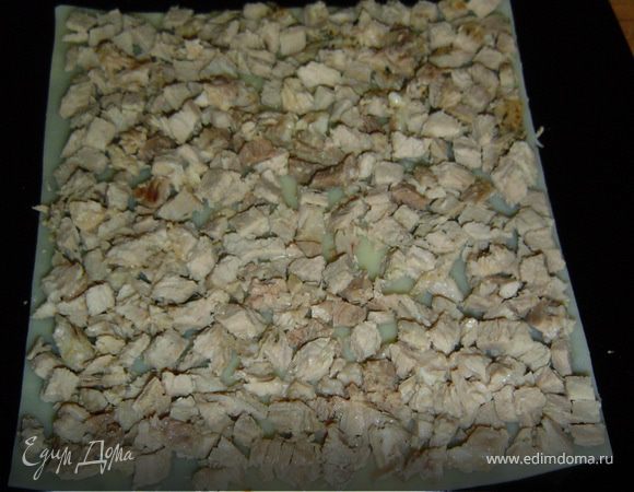 Все ингредиенты подготовлены, и мы приступаем к сбору закусочного торта.
На тарелку выкладываем два листа для лазаньи, а сверху - кусочки мяса.