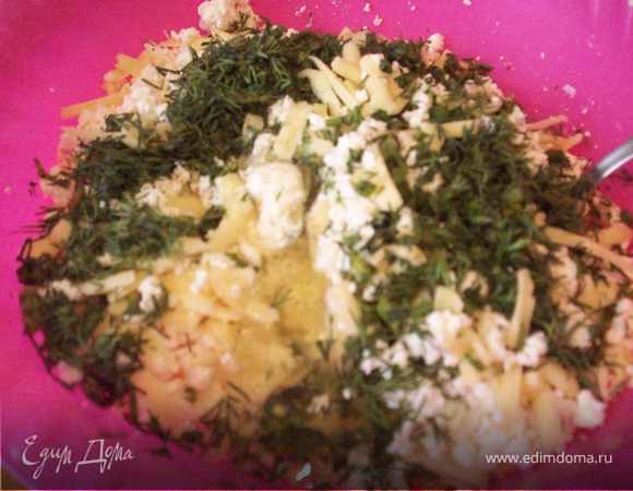 Приготовить начинку из творога, зелени укропа мелко нарезанной, яичных белков и натертого сыра. Заправить по вкусу солью и перцем, в зависимости от солености сыра.