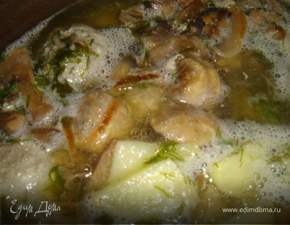 приготовить тефтели: смешать фарш, рис, яйцо, мелко рубленный лук (половину),чеснок. Посолить,поперчить. Отставить в сторону.
Лук (вторую половину)на суп порезать полукольцами и обжарить на раст.масле до золотистого цвета. Выложить туда шампиньоны порезанные на любой манер (как нравится) и обжарить 5-7 минут. Порезать мелко укроп и выложить к шампиньонам с луком. Сформировать тефтели. Положить сверху на грибы, прикрыть крышкой и дать потушиться минут 10. Я воду не добавляла, потому как грибы пустили сок.
Закипятить 1,5 литра воды и налить в кастрюлю. Картошку мелко порезать кубиками. Выложить в кастрюлю все ингредиенты и варить 20 минут.